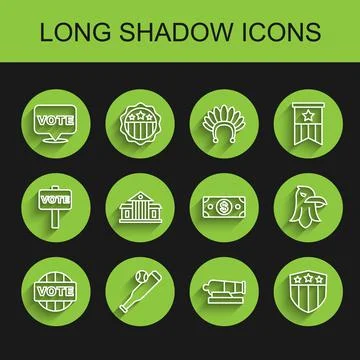 Set line Vote, Baseball bat with ball, Cannon, Shield stars, White House, Eagle Stock Illustration