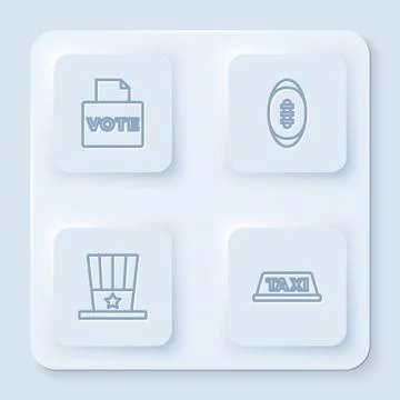 Set line Vote box, American Football ball, Patriotic top hat and Taxi car roof Stock Illustration