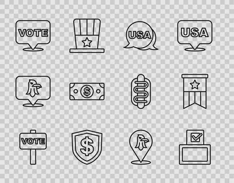 Set line Vote, box, USA Independence day, Shield with dollar, Stacks paper money Illustrazione stock