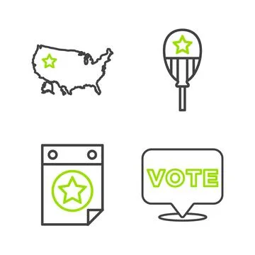 Set line Vote, Calendar with date July 4, Balloons and USA map icon. Vector 스톡 일러스트