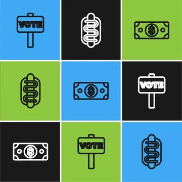 Set line Vote, Stacks paper money cash and Hotdog sandwich icon. Vector 库存插图