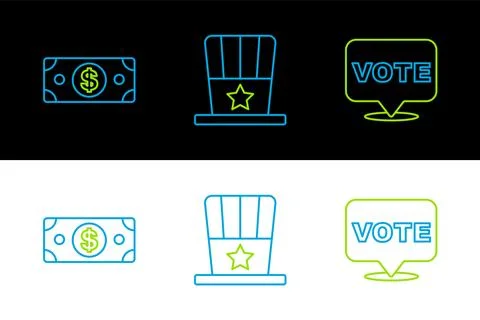 Set line Vote, Stacks paper money cash and Patriotic American top hat icon 스톡 일러스트