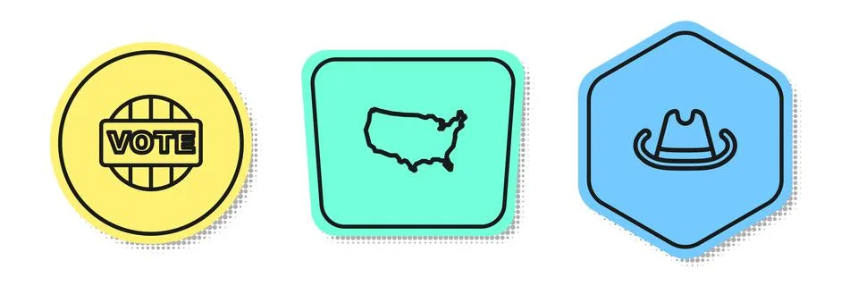 Set line Vote, USA map and Western cowboy hat. Colored shapes. Vector Stock Illustration
