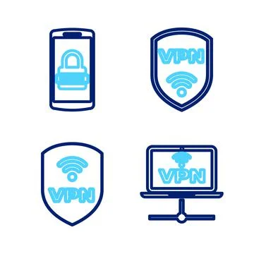 Set line VPN Computer network, Shield with wireless, and Mobile and password Stock Illustration
