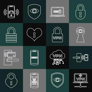 Set line VPN Computer network, Digital door lock with wireless, Keyhole eye,  Stock Illustration
