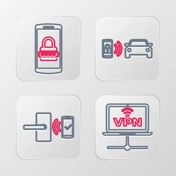 Set line VPN Computer network, Digital door lock with wireless, Smart car a.. Stock Illustration