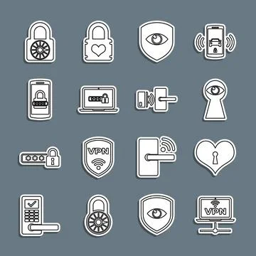 Set line VPN Computer network, Heart with keyhole, Keyhole eye, Shield and,.. Stock Illustration