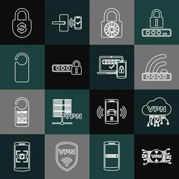 Set line VPN with microchip circuit, Cloud interface, Wifi locked, Safe Stock Illustration