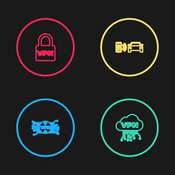 Set line VPN with microchip circuit, Cloud interface, Smart car alarm system and Stock Illustration