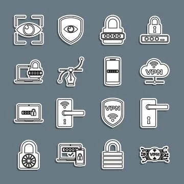 Set line VPN with microchip circuit, Door handle, Network cloud connection,.. 库存插图