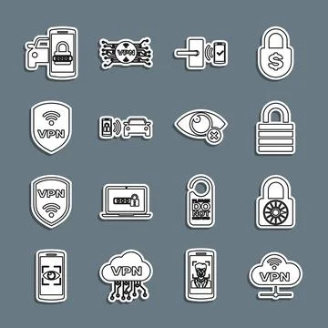 Set line VPN Network cloud connection, Safe combination lock wheel, Lock Stock Illustration