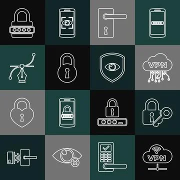 Set line VPN Network cloud connection, Lock and key, Cloud interface, Door Stock Illustration