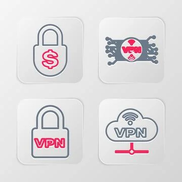 Set line VPN Network cloud connection, Lock, with microchip circuit and Money Illustrazione stock