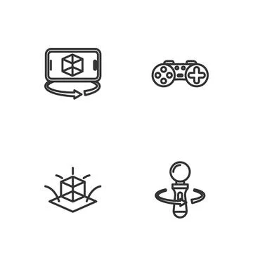 Set line VR controller game, 3d modeling, and Gamepad icon. Vector Stock Illustration