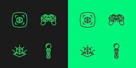 Set line VR controller game, 3d modeling, and Gamepad icon. Vector Stock Illustration