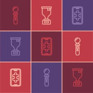 Set line VR controller game, Mobile gaming and Award cup icon. Vector Illustrazione stock