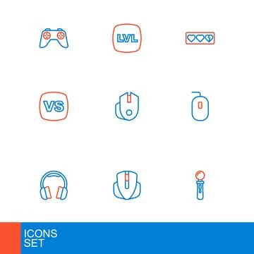 Set line VR controller game, Computer mouse, Headphones, VS Versus battle, .. Illustrazione stock