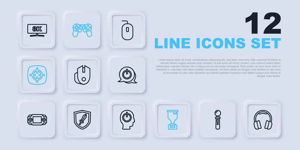 Set line VR controller game Headphones Computer mouse Award cup Target sport  스톡 일러스트