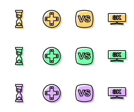 Set line VS Versus battle, Old hourglass, Game controller or joystick and Stock Illustration