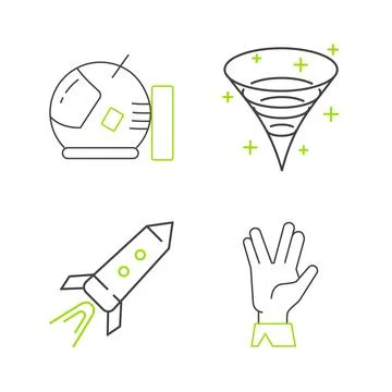 Set line Vulcan salute, Rocket ship with fire, Black hole and Astronaut hel.. Stock Illustration