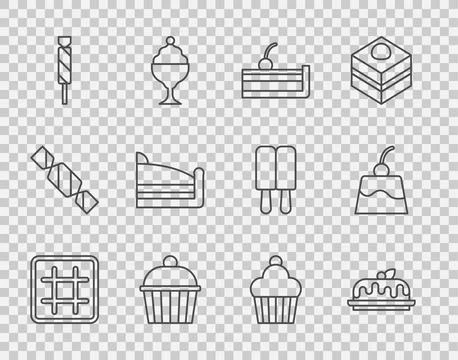 Set line Waffle, Cake, Cherry cheesecake, Candy, Piece of,  and Pudding cus.. Stock Illustration