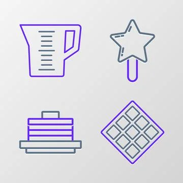 Set line Waffle, Stack of pancakes, Lollipop and Measuring cup icon. Vector Stock Illustration