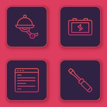 Set line Waiter robot, Computer api interface, Battery and Screwdriver. Blue Stock Illustration