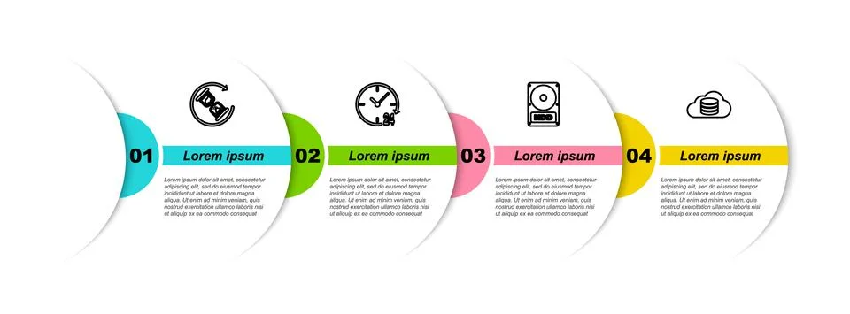 Set line Waiting, Clock 24 hours, Hard disk drive HDD and Cloud database Stock Illustration