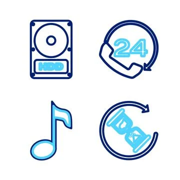 Set line Waiting, Music note, tone, Telephone 24 hours support and Hard disk Stock Illustration