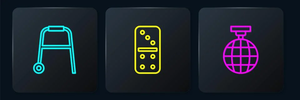 Set line Walker, Disco ball and Domino. Black square button. Vector Stock Illustration