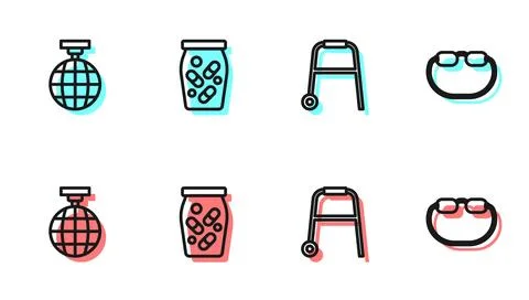 Set line Walker, Disco ball, Medicine bottle and pills and Eyeglasses icon... Stock Illustration