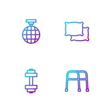 Set line Walker, Dumbbell, Disco ball and Pillow. Gradient color icons. Vector Stock Illustration