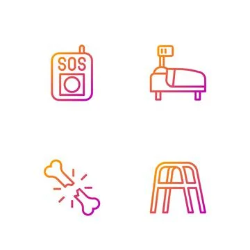 Set line Walker, Human broken bone, Press the SOS button and Hospital bed Stock Illustration