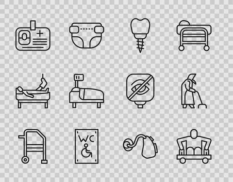 Set line Walker, Man without legs sitting wheelchair, Dental implant, Separated Stock Illustration