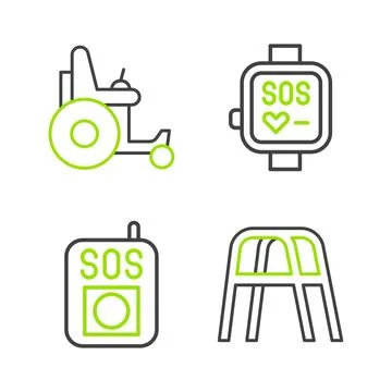 Set line Walker, Press the SOS button, Smart watch and Electric wheelchair .. Stock Illustration