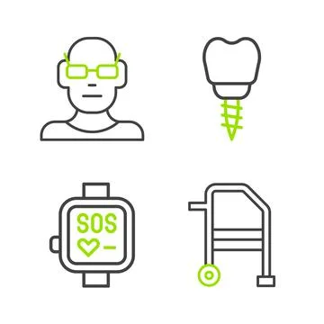 Set line Walker, Smart watch, Dental implant and Poor eyesight icon. Vector イラスト素材