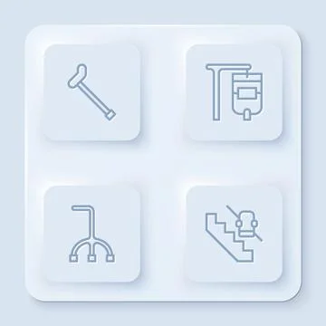Set line Walking stick cane, IV bag, and Disabled elevator. White square button Stock Illustration