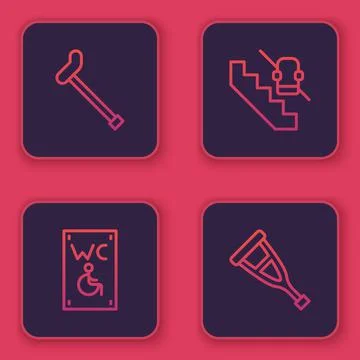Set line Walking stick cane, Separated toilet for disabled, Disabled elevator Illustration
