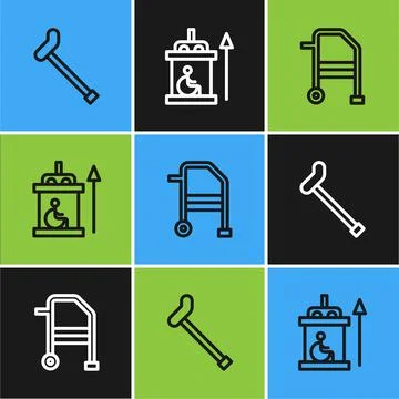Set line Walking stick cane, Walker and Elevator for disabled icon. Vector 스톡 일러스트