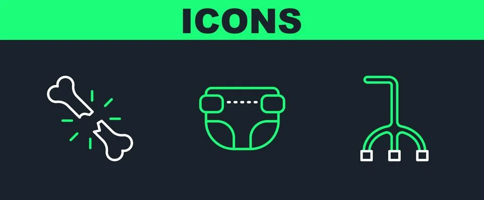 Set line Walking stick cane, Human broken bone and Adult diaper icon. Vector Stock Illustration
