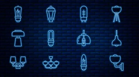 Set line Wall lamp or sconce, Lamp hanging, Light emitting diode, LED light bulb Stock Illustration