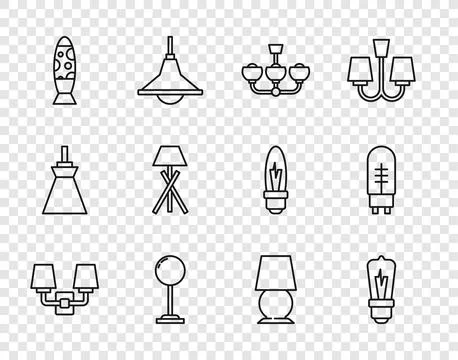 Set line Wall lamp or sconce, Light bulb, Chandelier, Floor, Table and emit.. Stock Illustration
