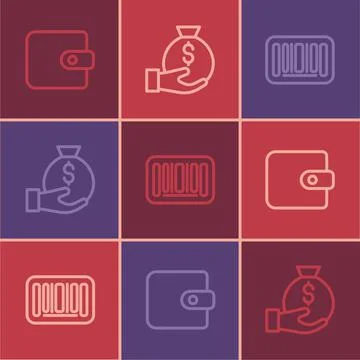 Set line Wallet, Barcode and Money bag icon. Vector Illustrazione stock