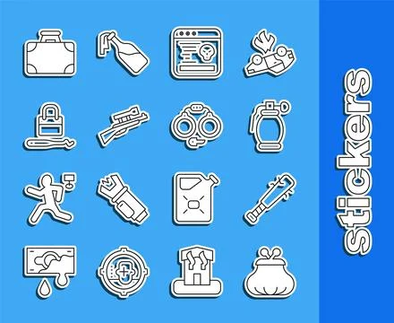 Set line Wallet, Baseball bat with nails, Hand grenade, System bug, Sniper rifle Illustrazione stock