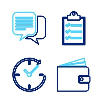 Set line Wallet, Clock with arrow, Clipboard checklist and Chat icon. Vector 스톡 일러스트