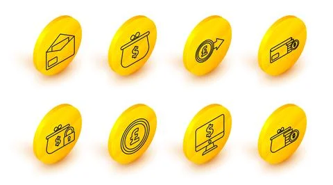 Set line Wallet with coins, Computer monitor dollar symbol, Coin money pound 스톡 일러스트