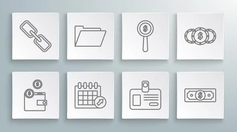 Set line Wallet with coins, Document folder, Calendar, Identification badge Stock Illustration