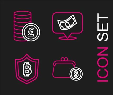 Set line Wallet with coins, Shield bitcoin, Stacks paper money cash and Coin イラスト素材