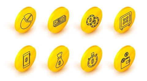 Set line Wallet with coins, Time is money, Money bag, Smartphone dollar sym.. Illustrazione stock