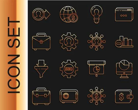 Set line Wallet with dollar, Computer monitor graph chart, Pie infographic Illustrazione stock
